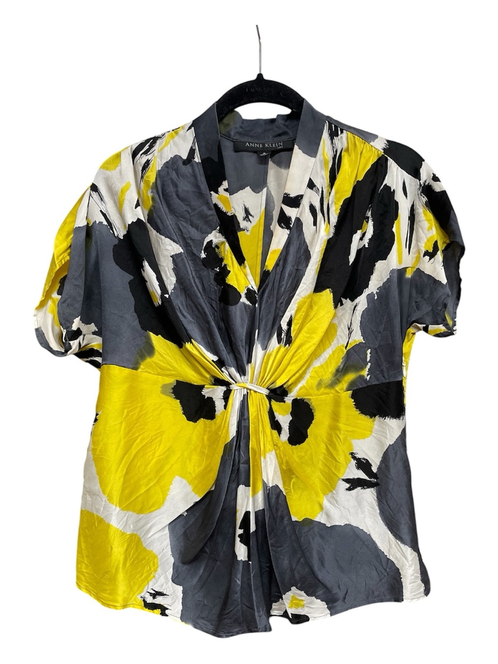 Anne Klein Yellow Black Floral Twist Front Short Sleeve 100% Silk Blouse, size 8